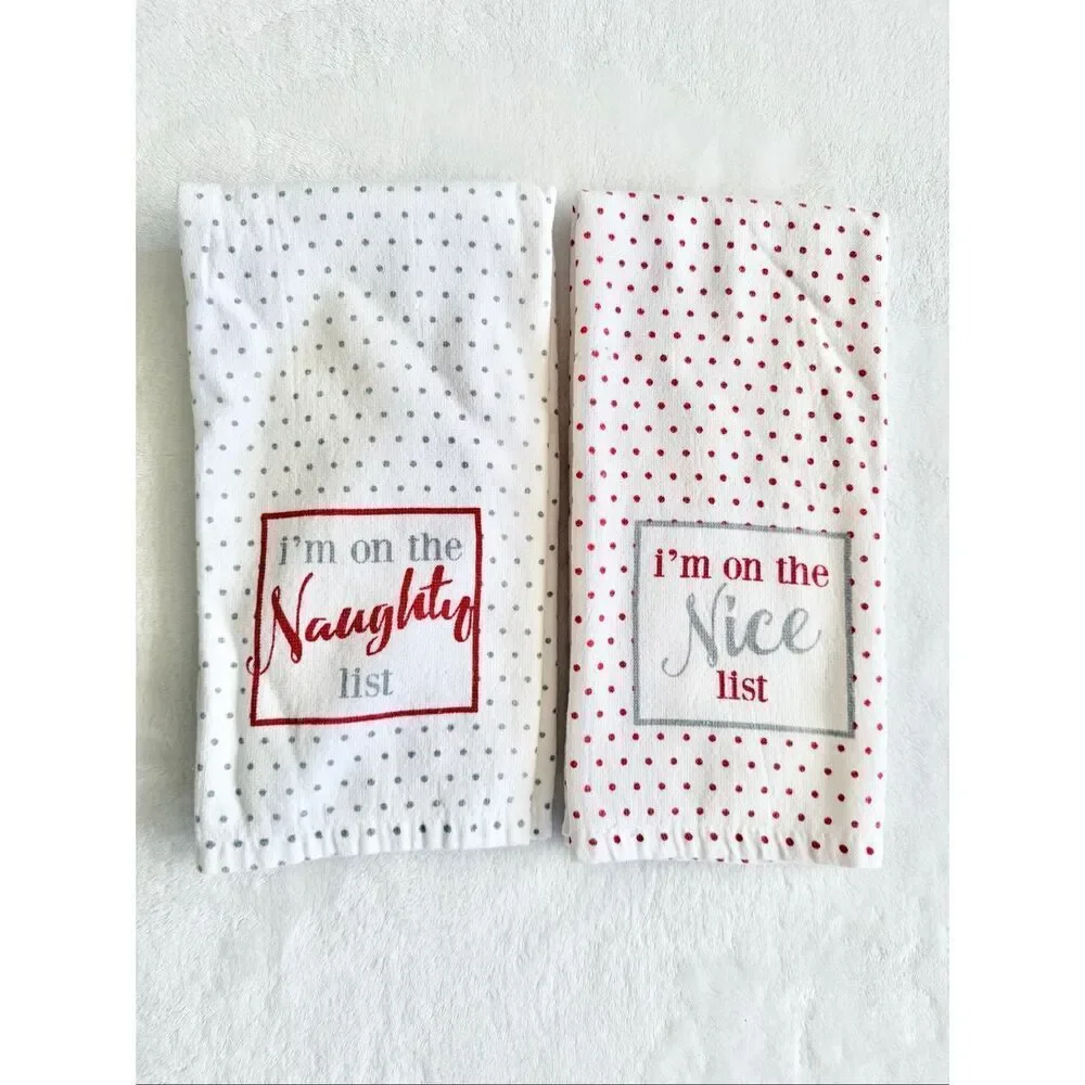 Naughty and nice polkadot red white and gray Christmas dish towels -set of two